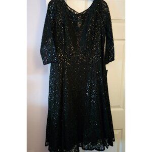 NWT SLNY Black Sequin Lace Party Dress 14 With 3/4 Sleeves & A-Line Silhouette
